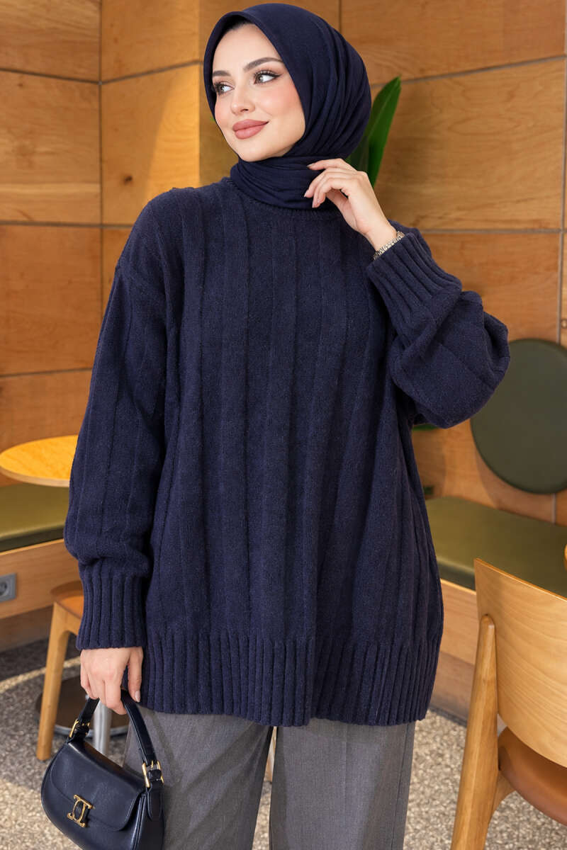 Chunky Rib Knit Tunic - Navy