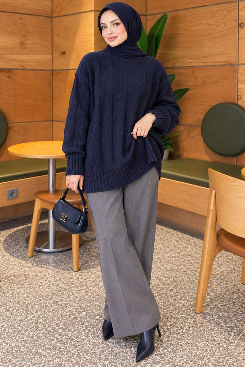 Chunky Rib Knit Tunic - Navy