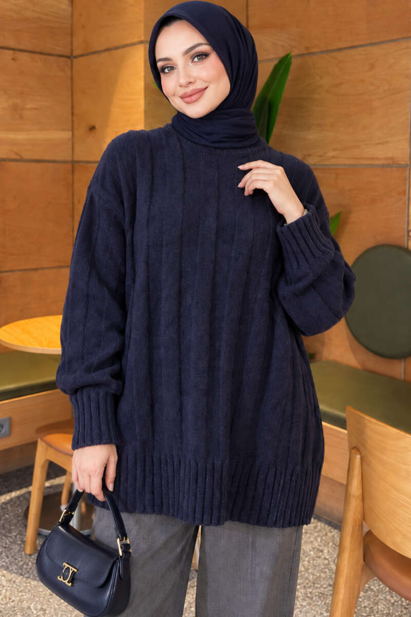 Chunky Rib Knit Tunic - Navy