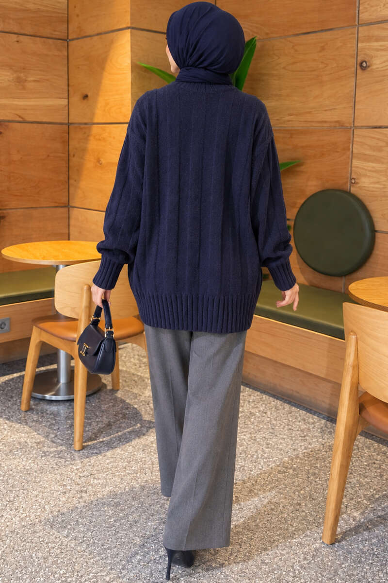 Chunky Rib Knit Tunic - Navy