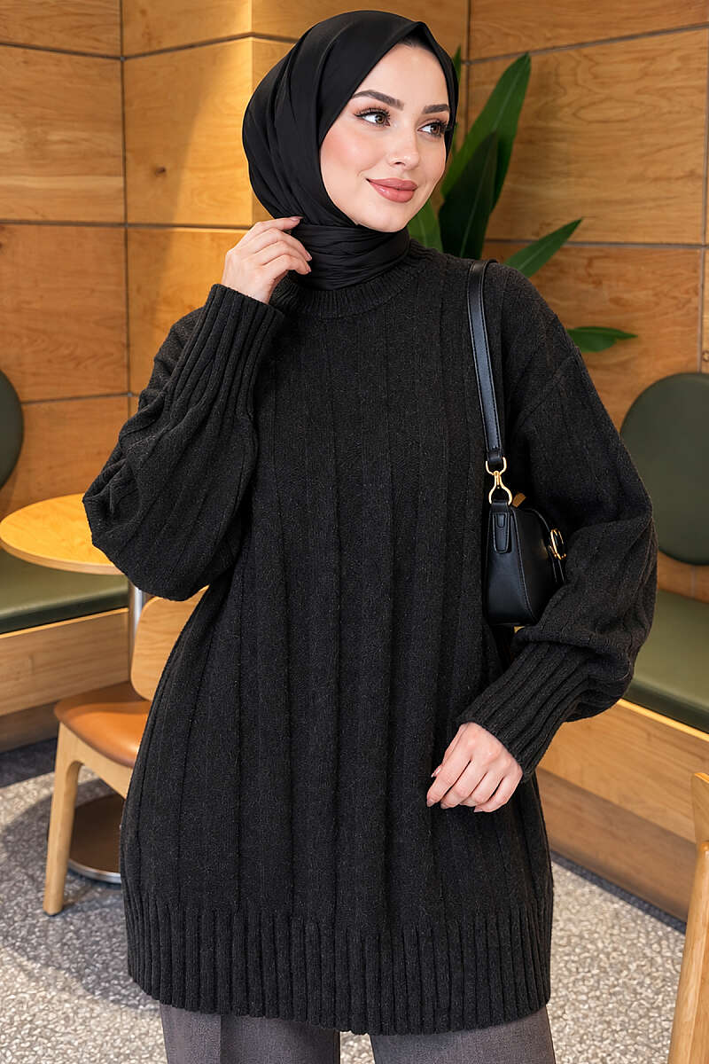 Chunky Rib Knit Tunic - Black