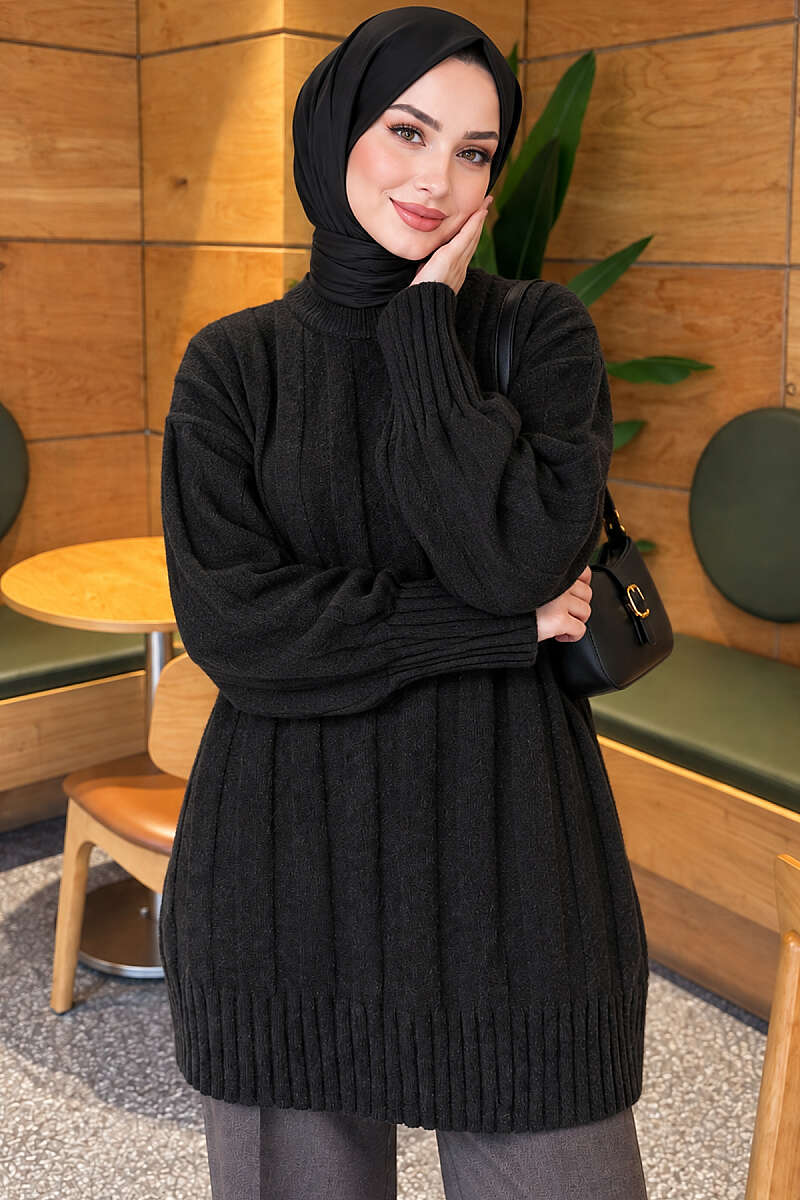 Chunky Rib Knit Tunic - Black