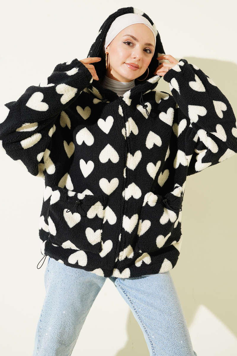 Heart Print Plush Cardigan - Black