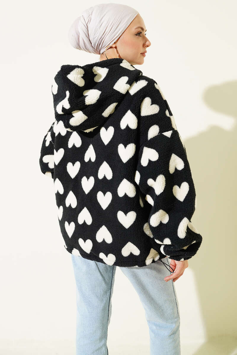 Heart Print Plush Cardigan - Black