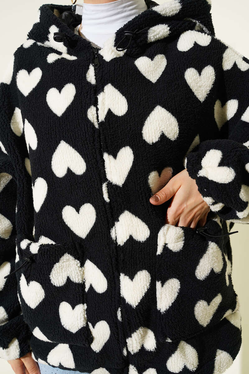 Heart Print Plush Cardigan - Black
