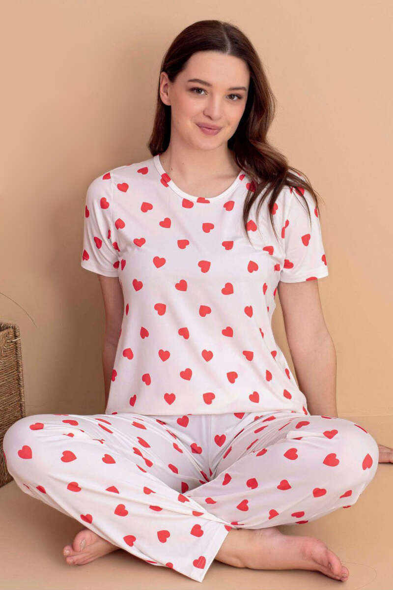 Heart Pattern Short-Sleeve Pyjama Set - Ecru
