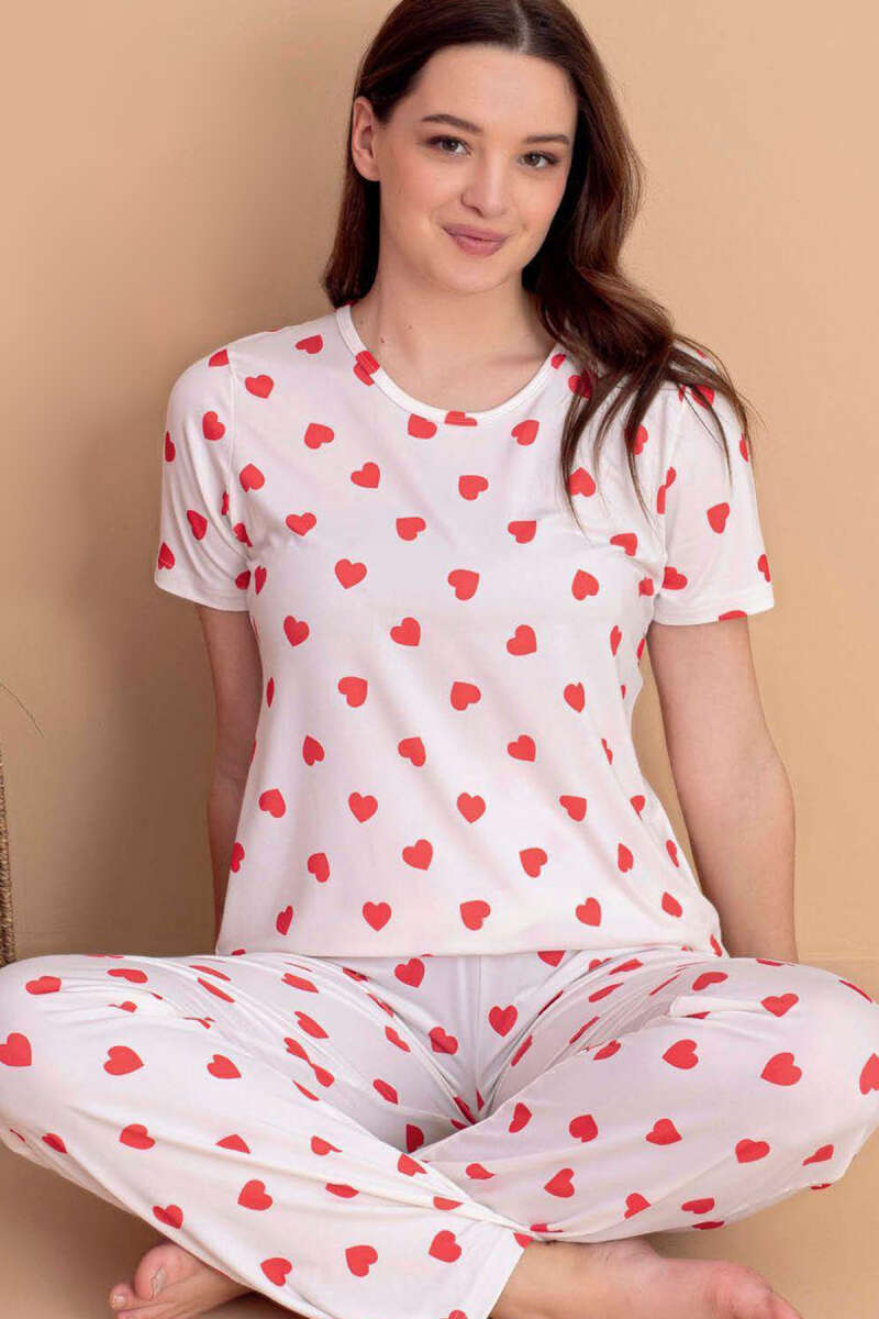Heart Pattern Short-Sleeve Pyjama Set - Ecru
