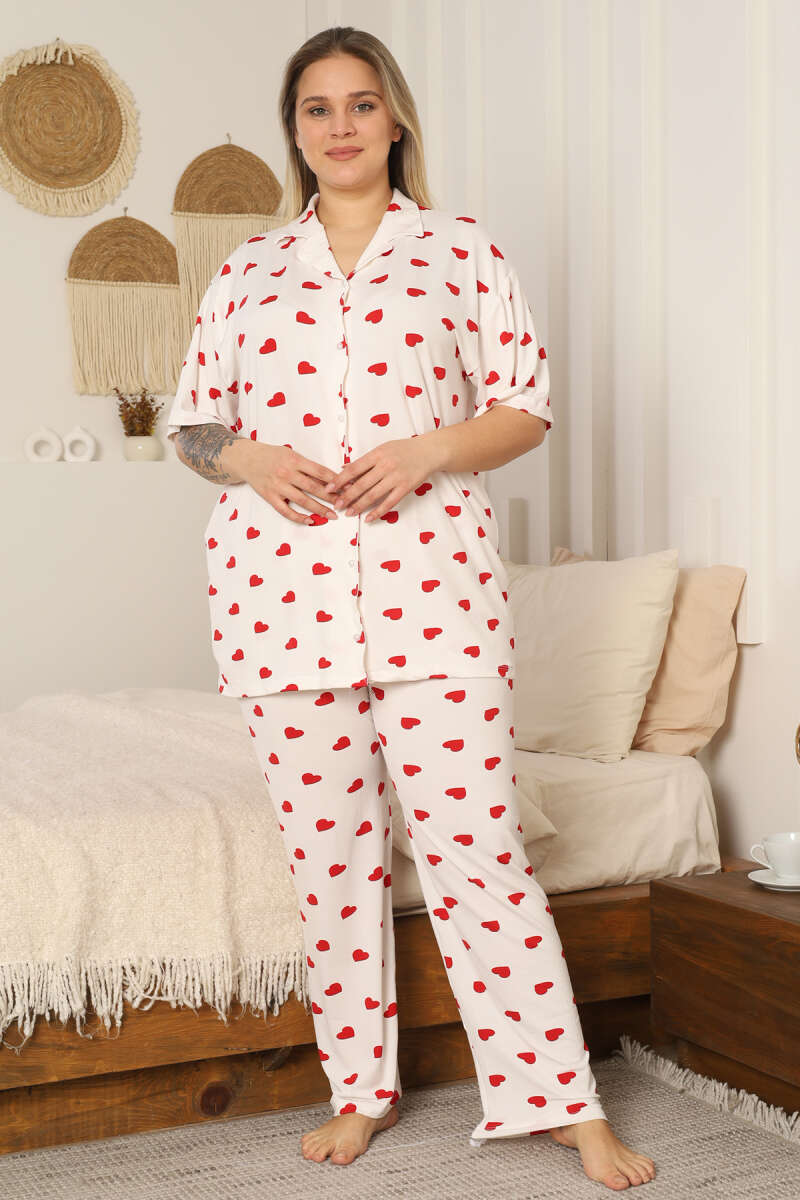 Plus-Size Heart Print Pyjama Set - White