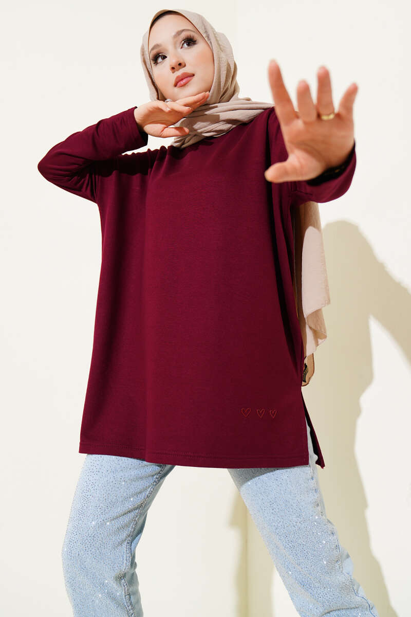 Basic Tunic with Heart Detail - Burgundy