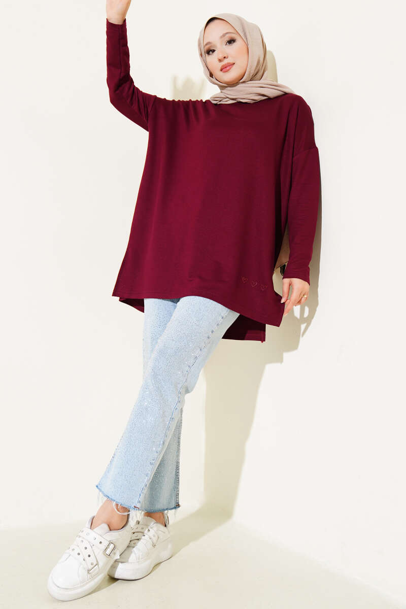 Basic Tunic with Heart Detail - Burgundy