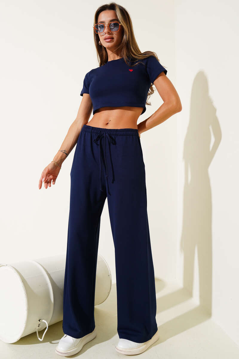 Heart Embroidered Crop Two-Piece Set - Navy