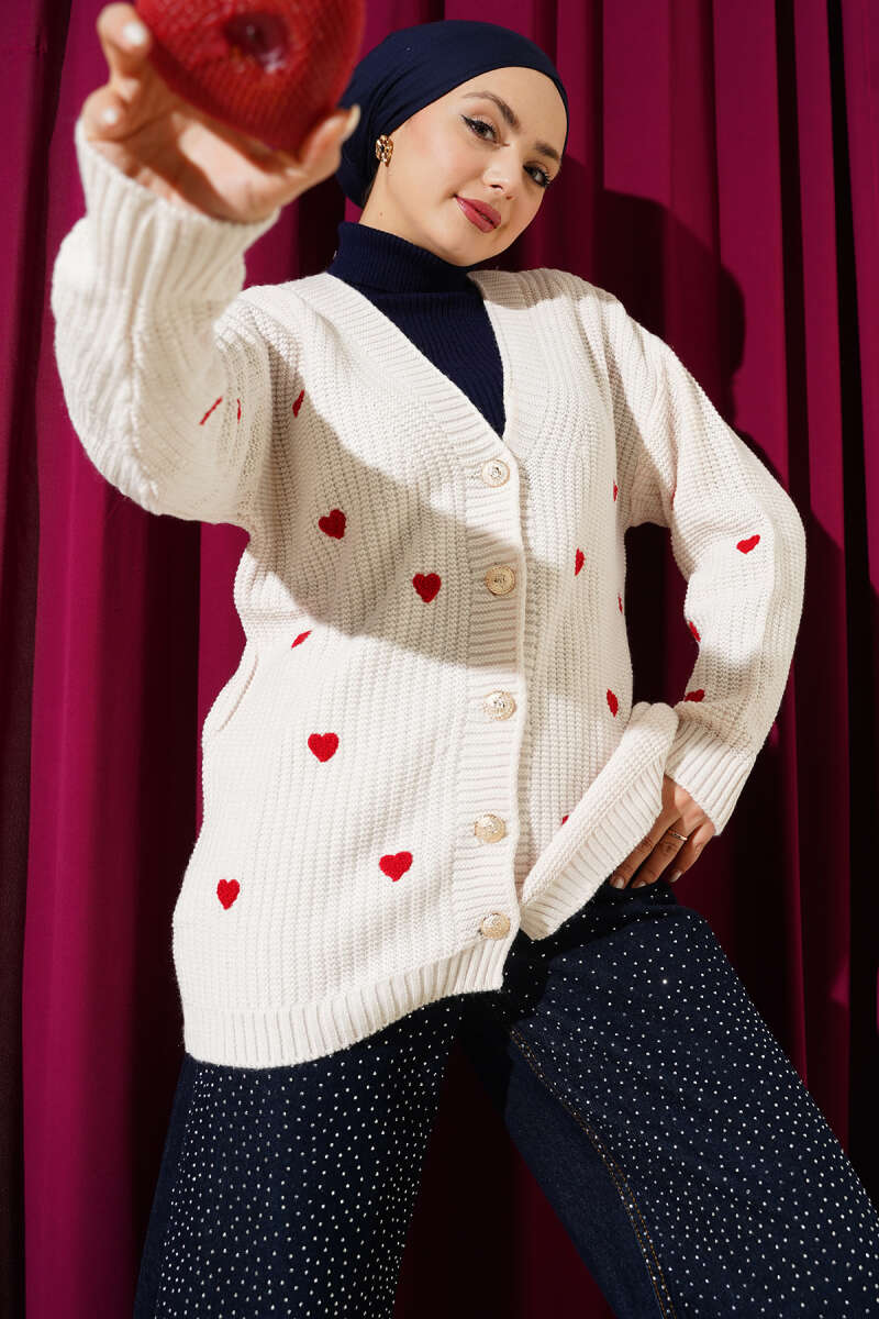 Heart Embroidered Knit Cardigan - Beige