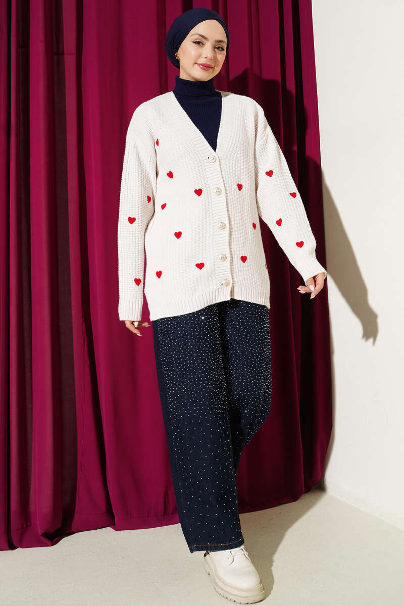 Heart Embroidered Knit Cardigan - Beige