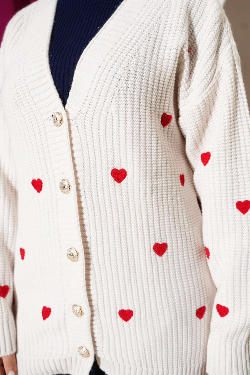 Heart Embroidered Knit Cardigan - Beige