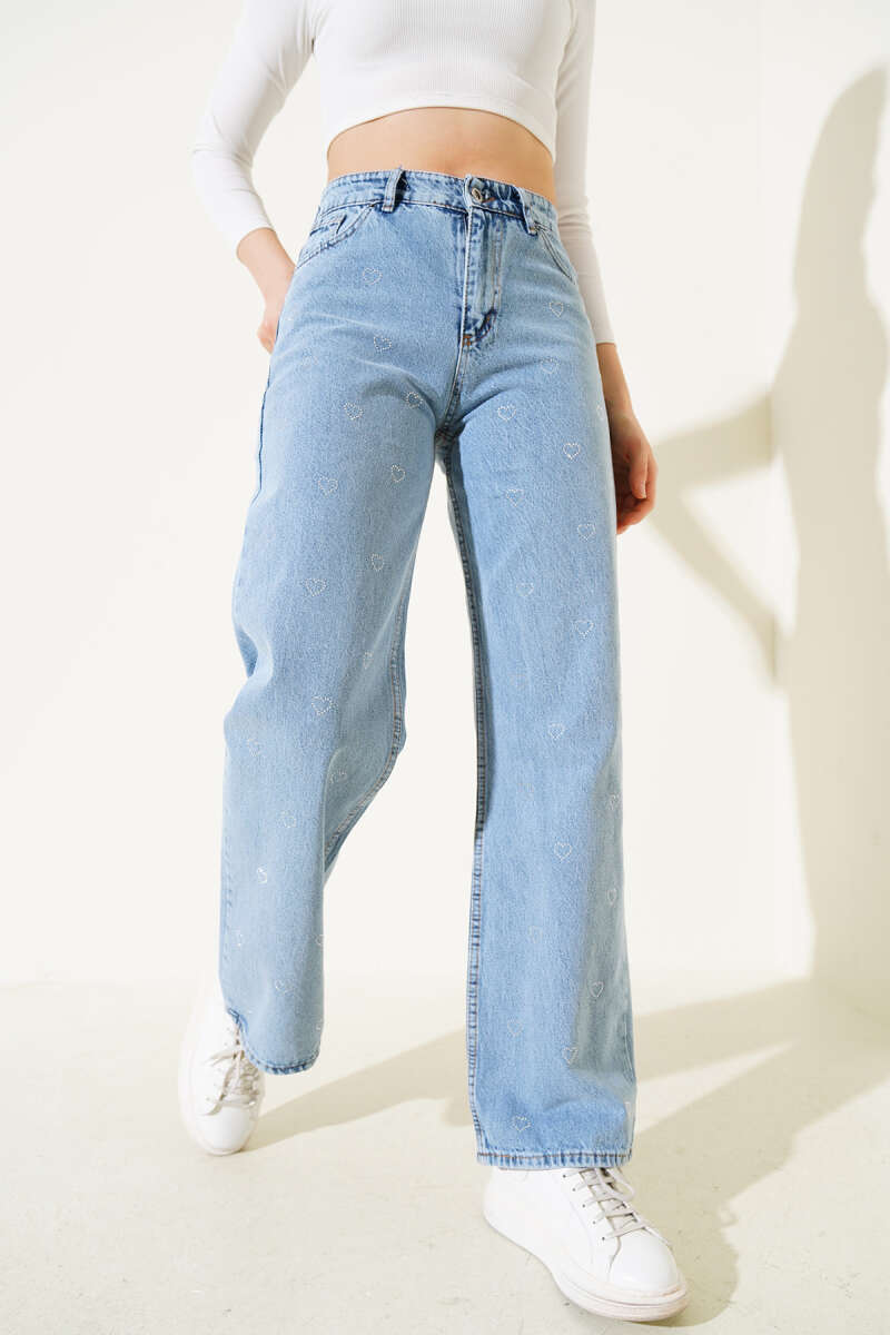 Wide-Leg Jeans with Heart Stones - Blue