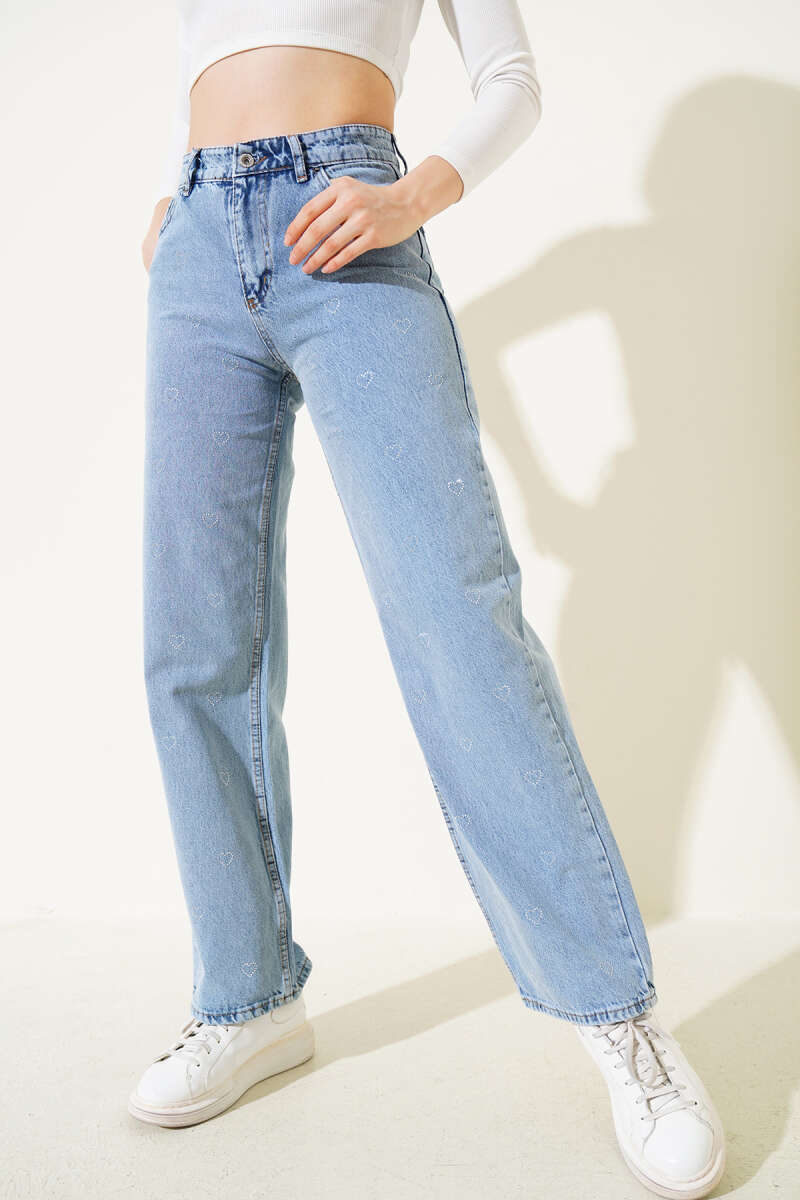Wide-Leg Jeans with Heart Stones - Blue
