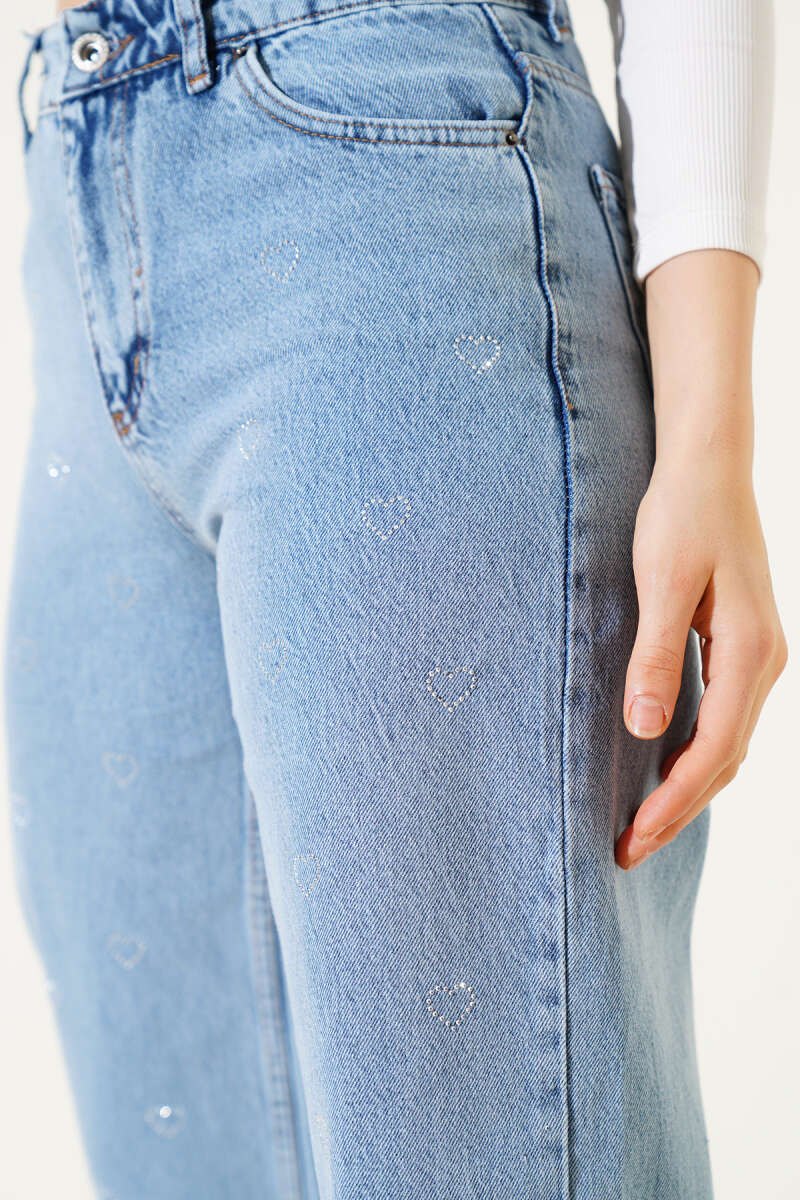Wide-Leg Jeans with Heart Stones - Blue