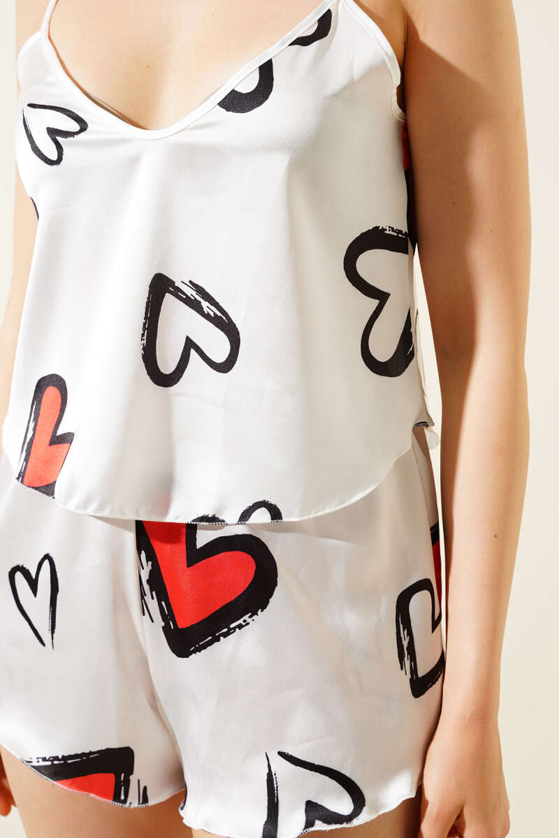 Heart Print Strappy Satin Pyjama Set with Soft Sheen - White