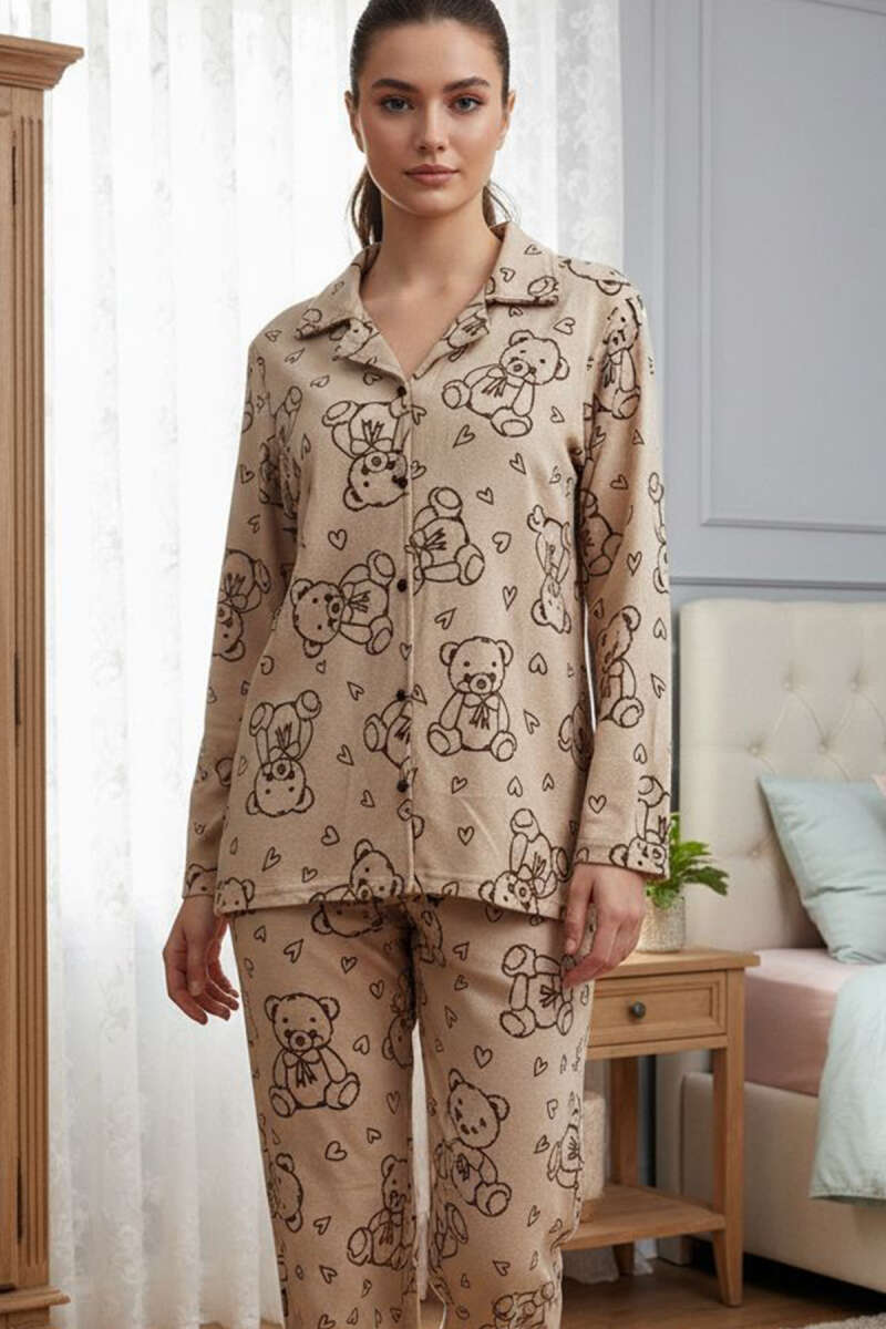 Teddy Heart Suede Wrap-Collar Pyjama Set - Latte