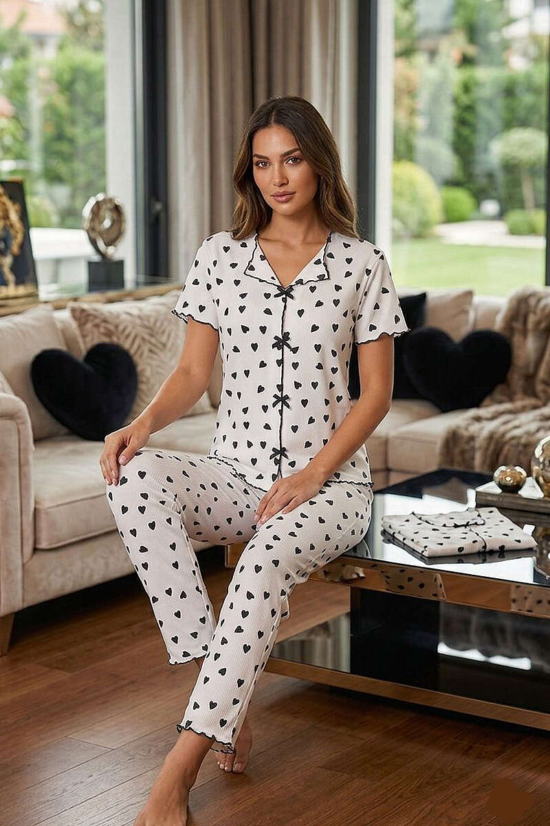 Heart Ribbon Short-Sleeve Pyjama Set - White