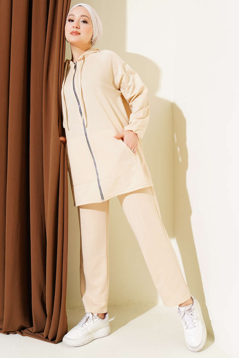 Zip Two-Piece Set with Kangaroo Pocket - Beige
