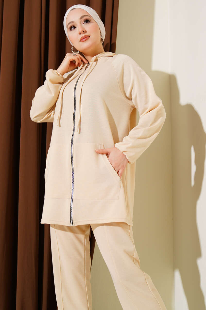 Zip Two-Piece Set with Kangaroo Pocket - Beige