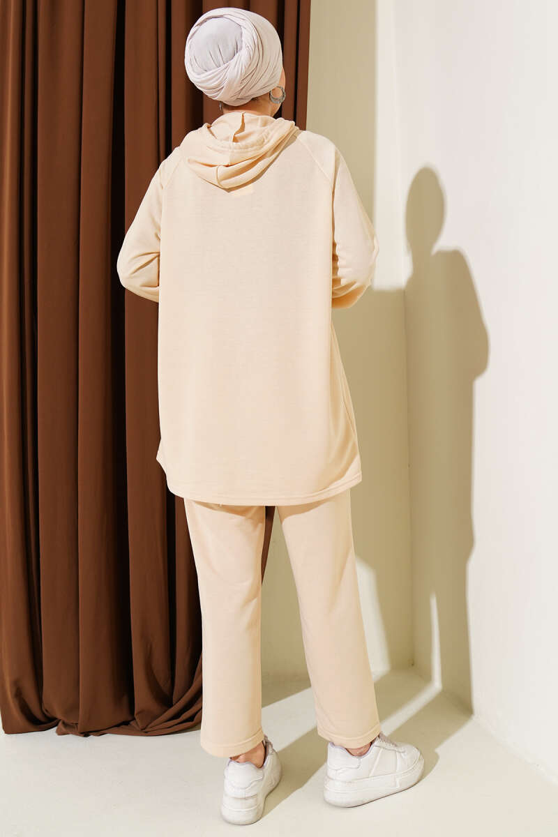 Zip Two-Piece Set with Kangaroo Pocket - Beige