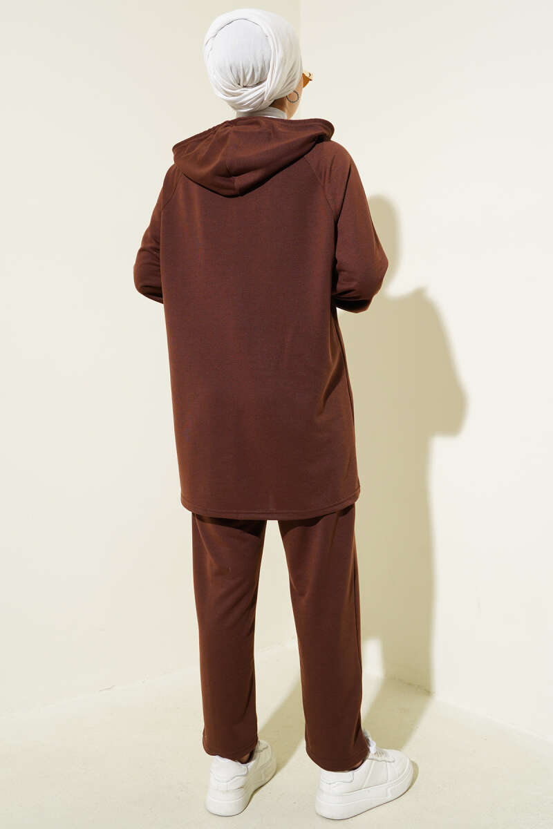 Zip Two-Piece Set with Kangaroo Pocket - Brown