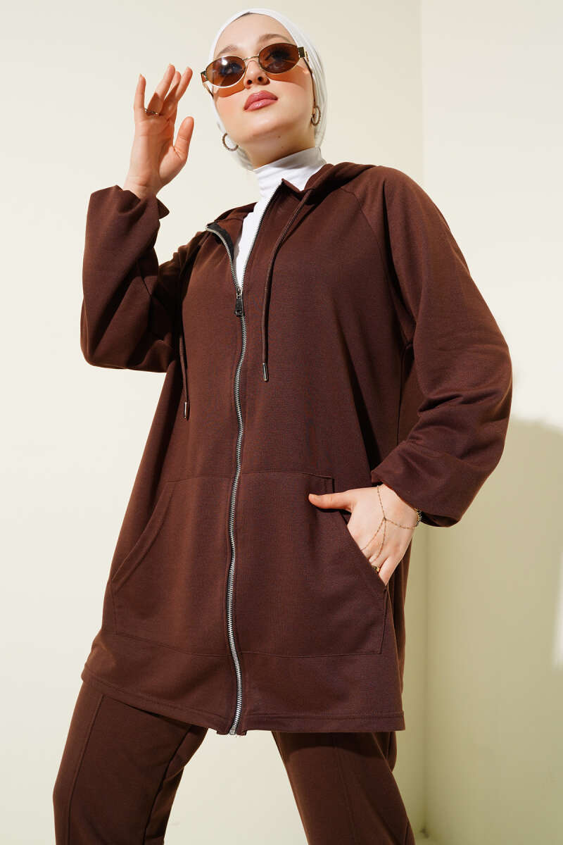Zip Two-Piece Set with Kangaroo Pocket - Brown