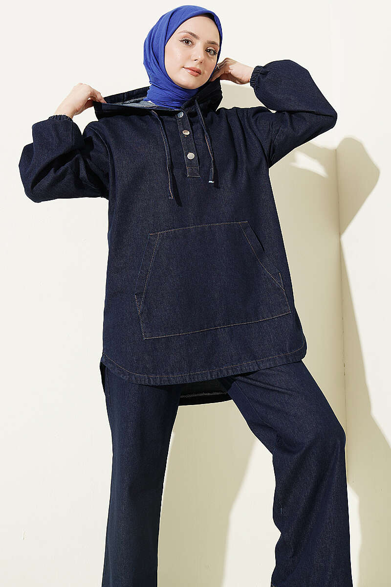 Hooded Denim Two-Piece Set with Kangaroo Pocket - Navy