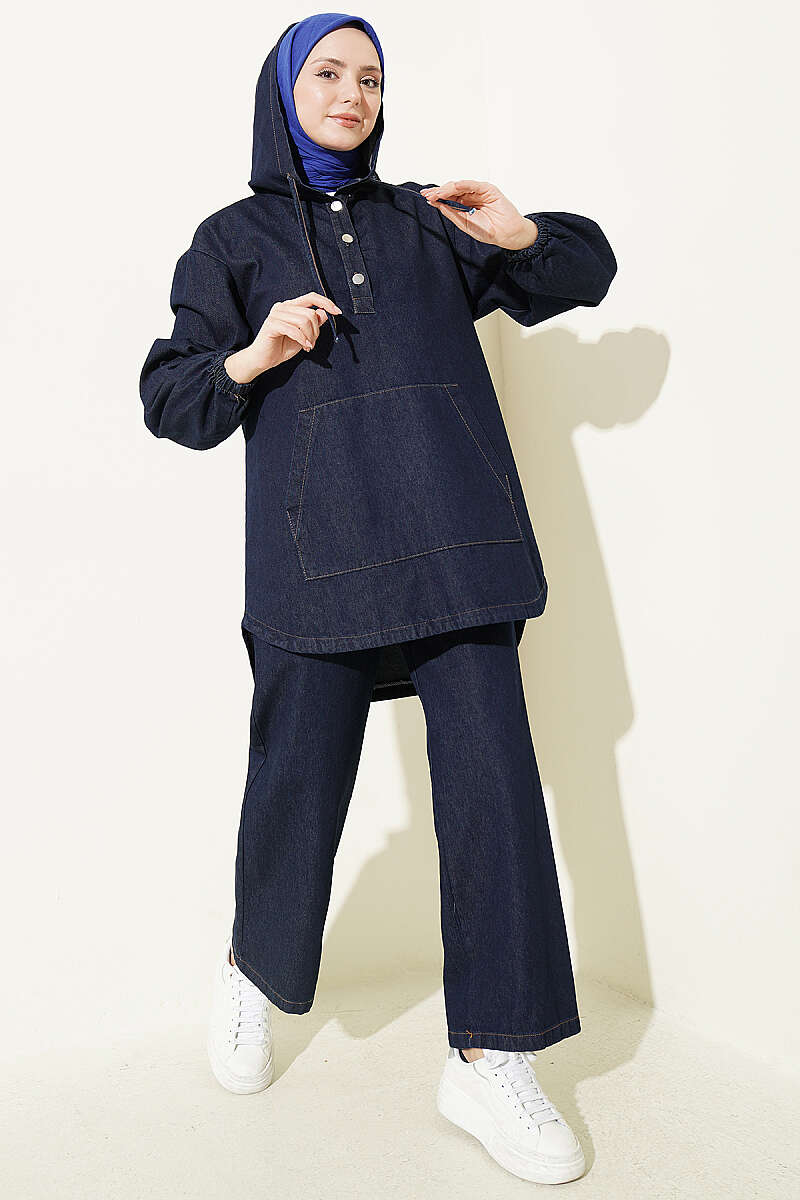 Hooded Denim Two-Piece Set with Kangaroo Pocket - Navy