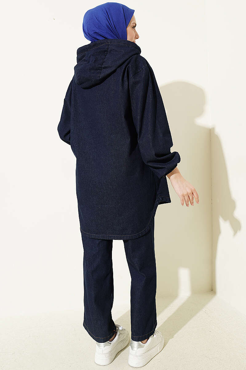Hooded Denim Two-Piece Set with Kangaroo Pocket - Navy