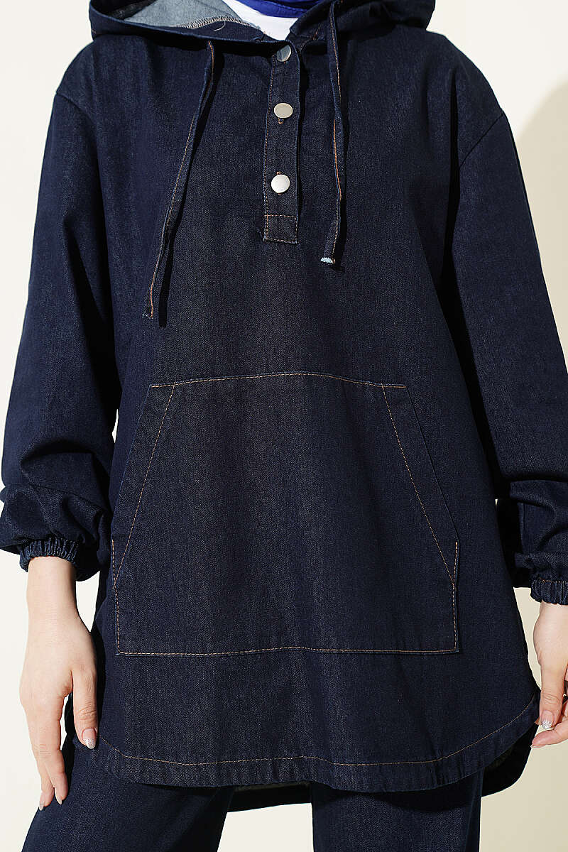 Hooded Denim Two-Piece Set with Kangaroo Pocket - Navy
