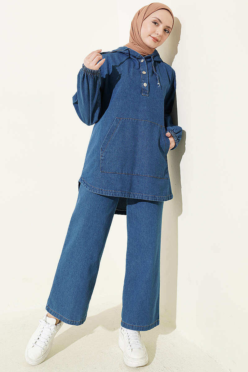 Hooded Denim Two-Piece Set with Kangaroo Pocket - Blue
