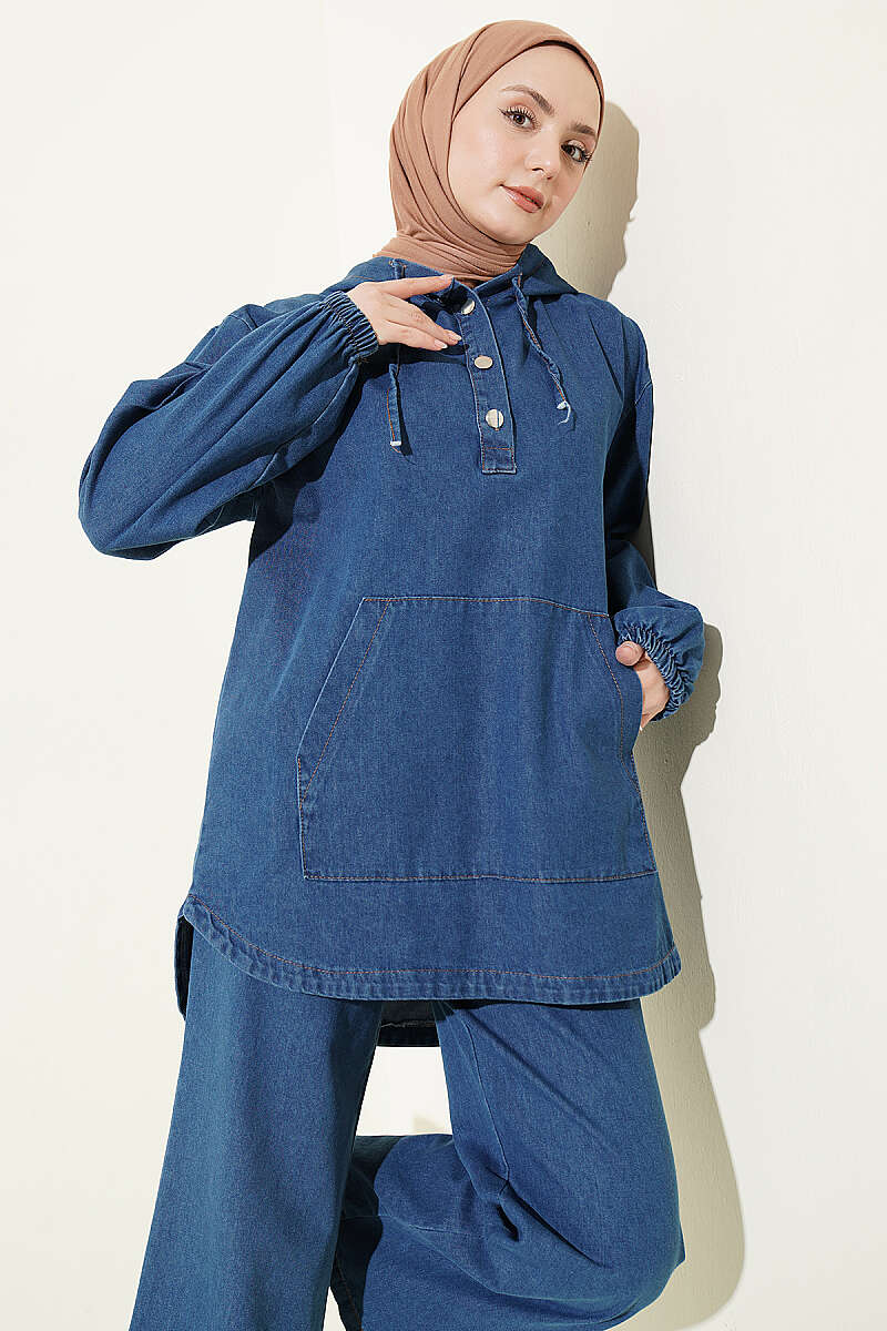 Hooded Denim Two-Piece Set with Kangaroo Pocket - Blue
