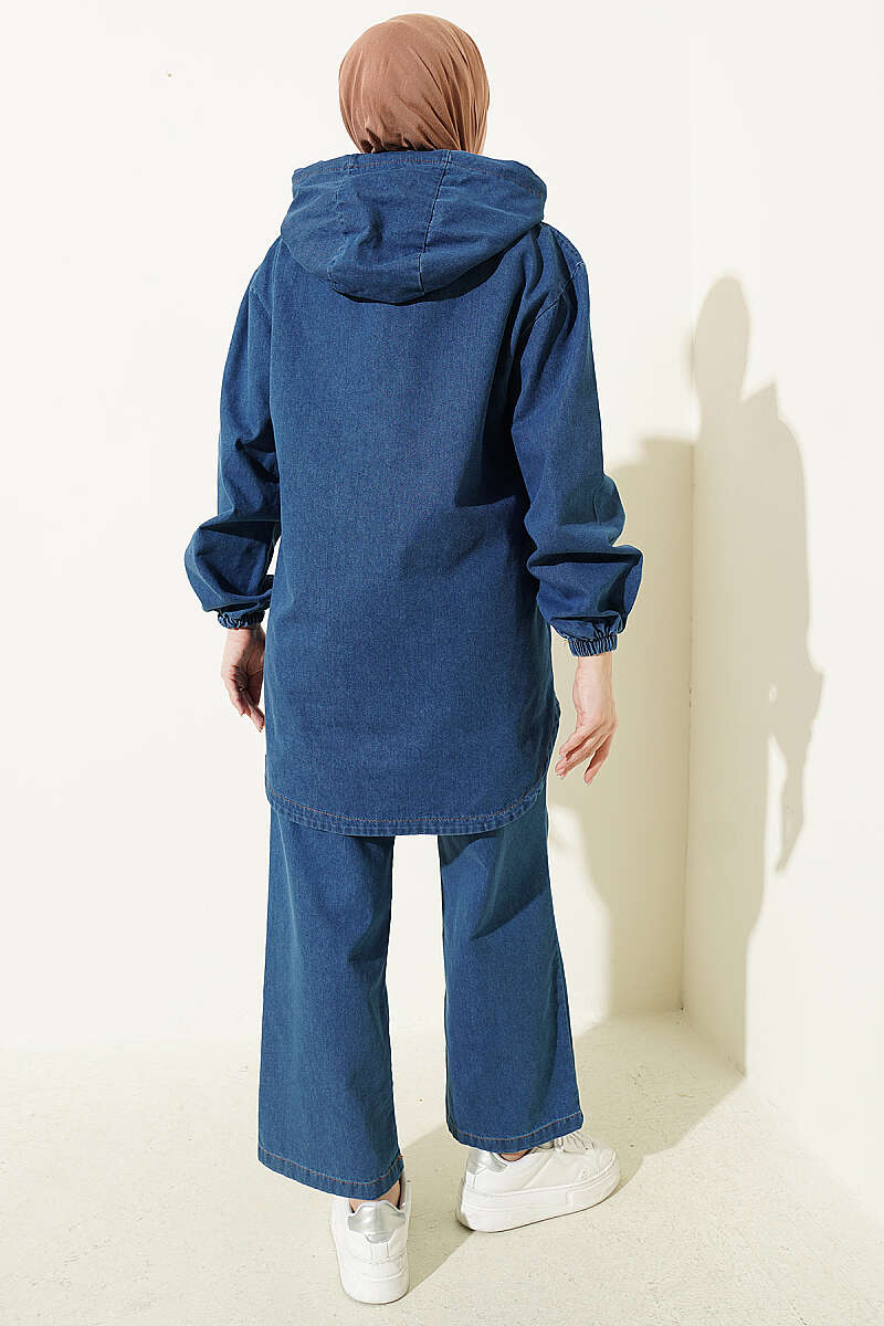 Hooded Denim Two-Piece Set with Kangaroo Pocket - Blue