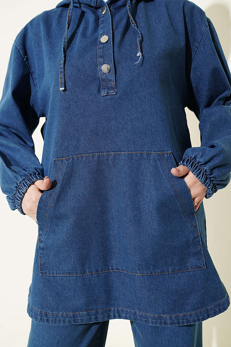 Hooded Denim Two-Piece Set with Kangaroo Pocket - Blue