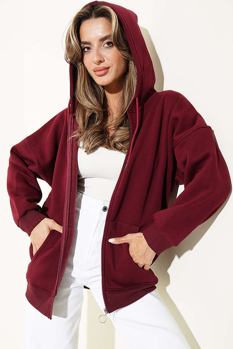 Three-Thread Cardigan with Kangaroo Pocket - Burgundy