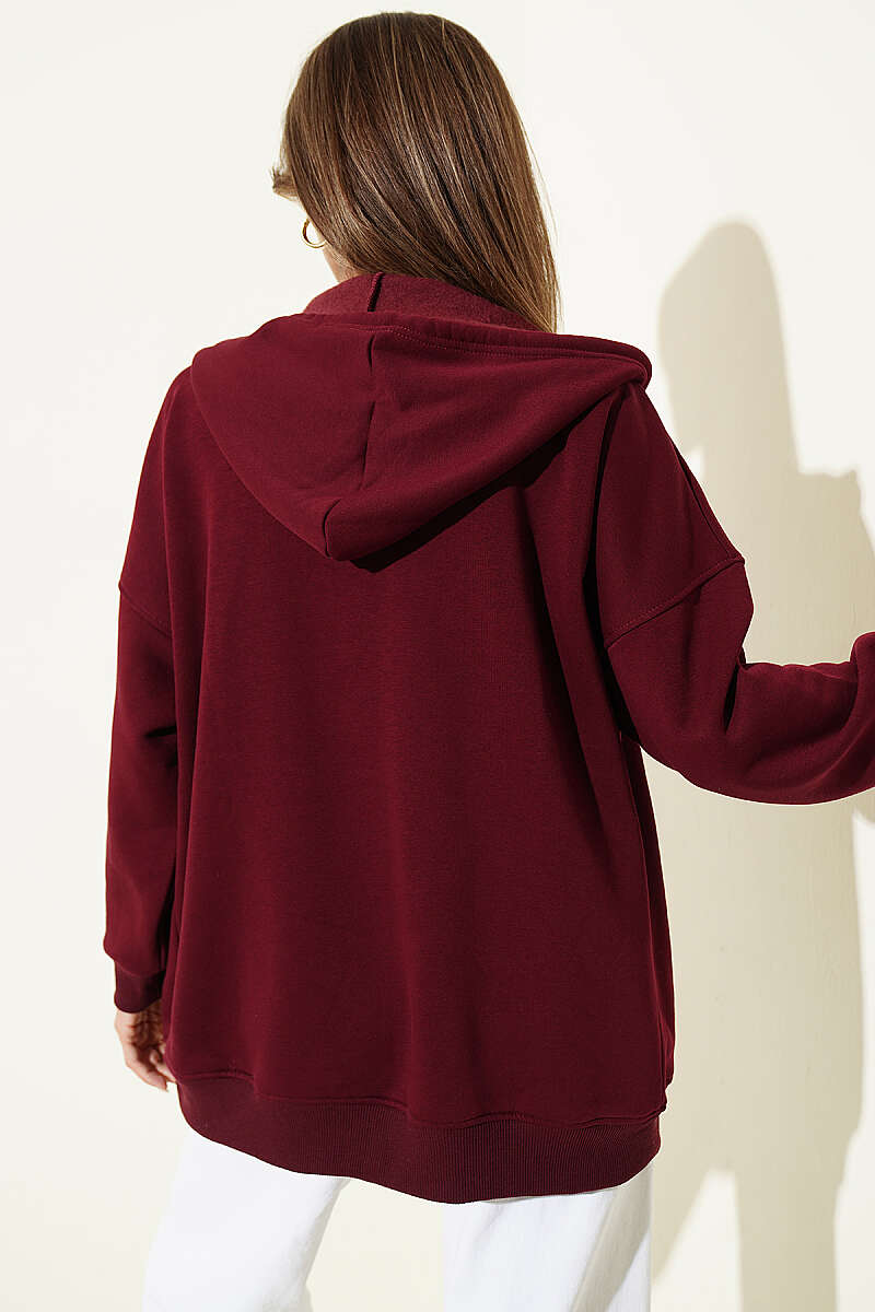 Three-Thread Cardigan with Kangaroo Pocket - Burgundy
