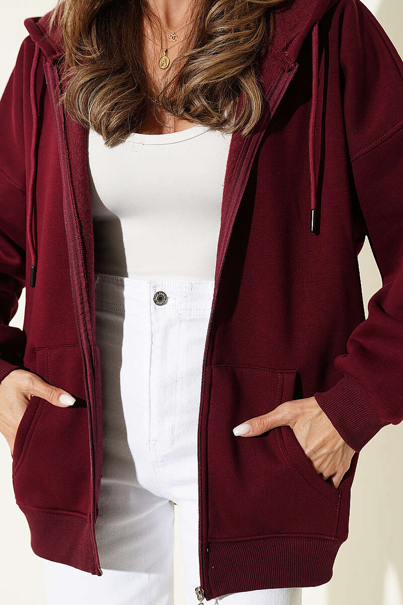 Three-Thread Cardigan with Kangaroo Pocket - Burgundy
