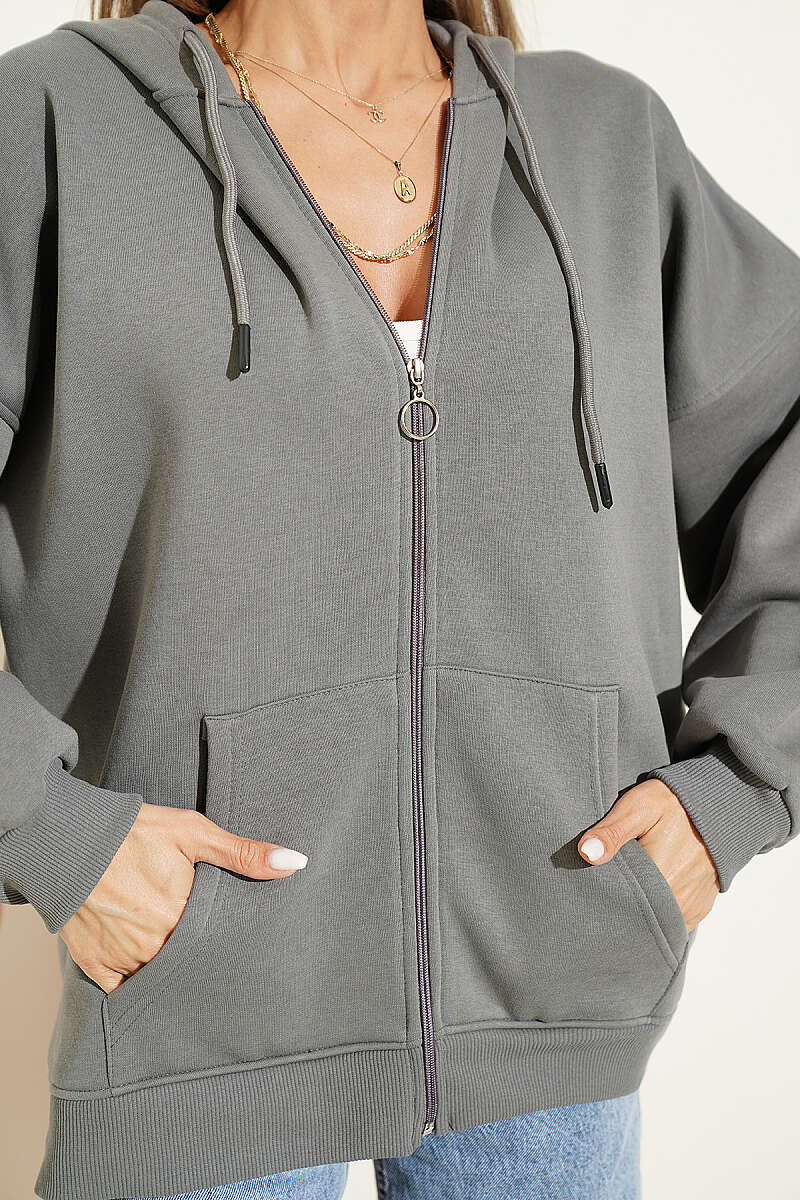 Three-Thread Cardigan with Kangaroo Pocket - Grey