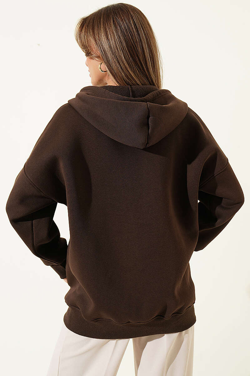 Three-Thread Cardigan with Kangaroo Pocket - Brown