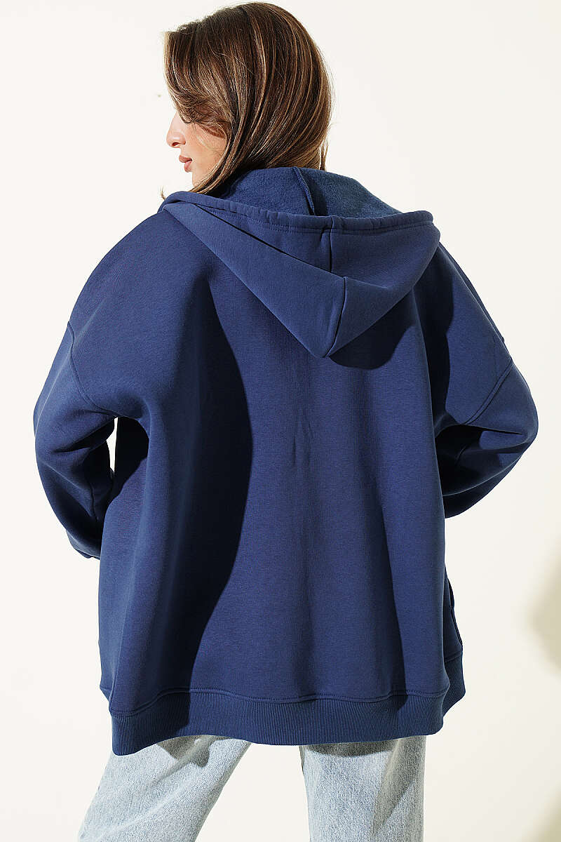 Three-Thread Cardigan with Kangaroo Pocket - Navy