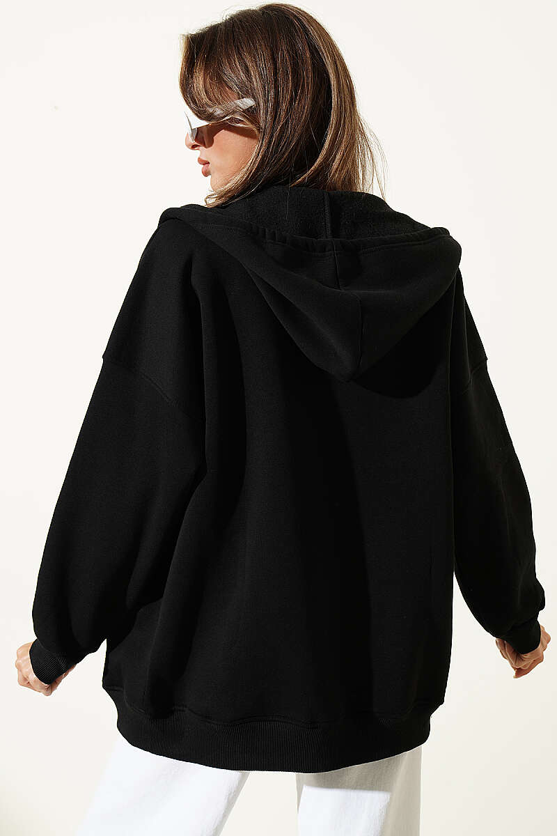 Three-Thread Cardigan with Kangaroo Pocket - Black