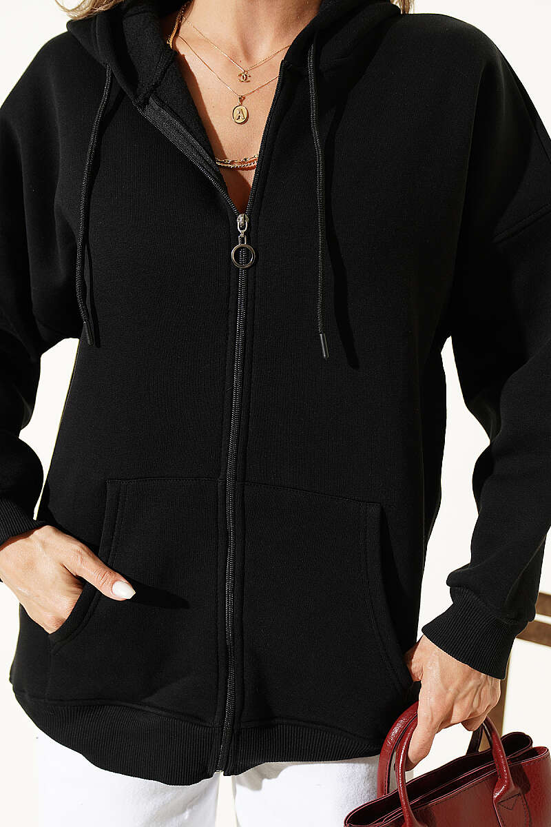 Three-Thread Cardigan with Kangaroo Pocket - Black