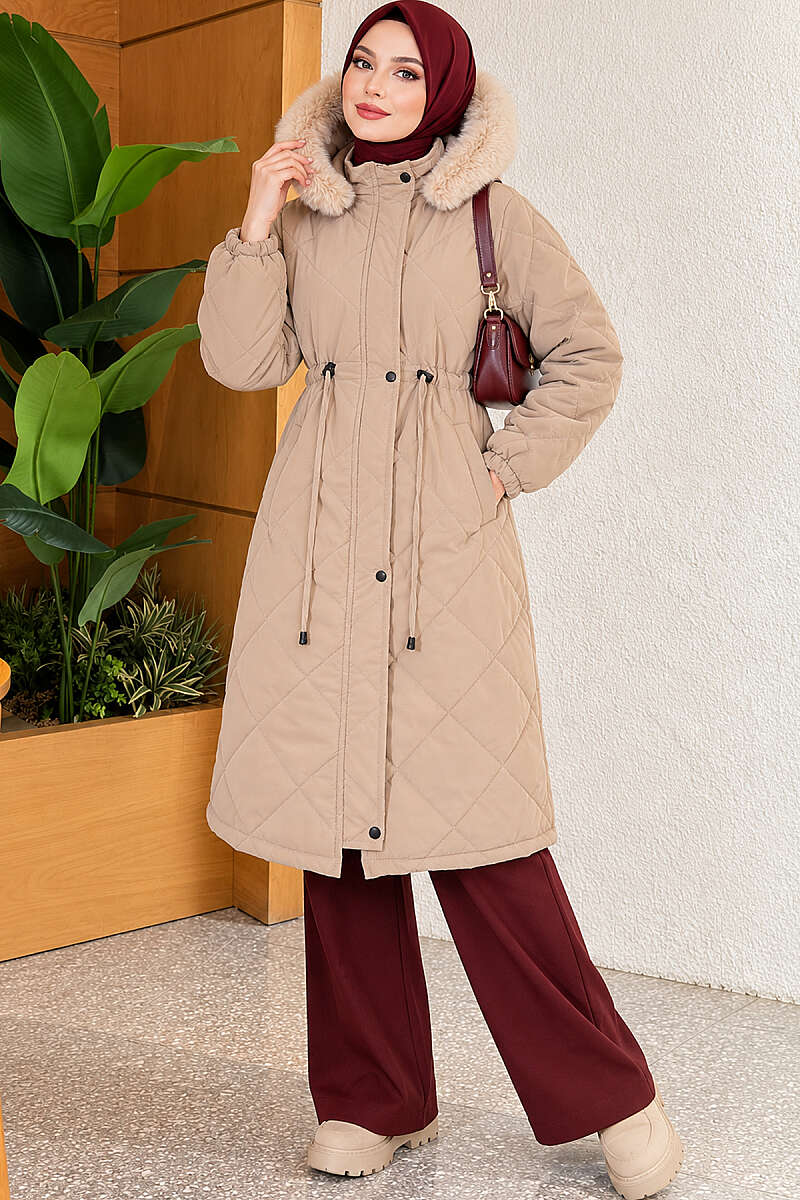 Quilted Puffer Coat with Faux Fur and Drawstring Waist - Beige