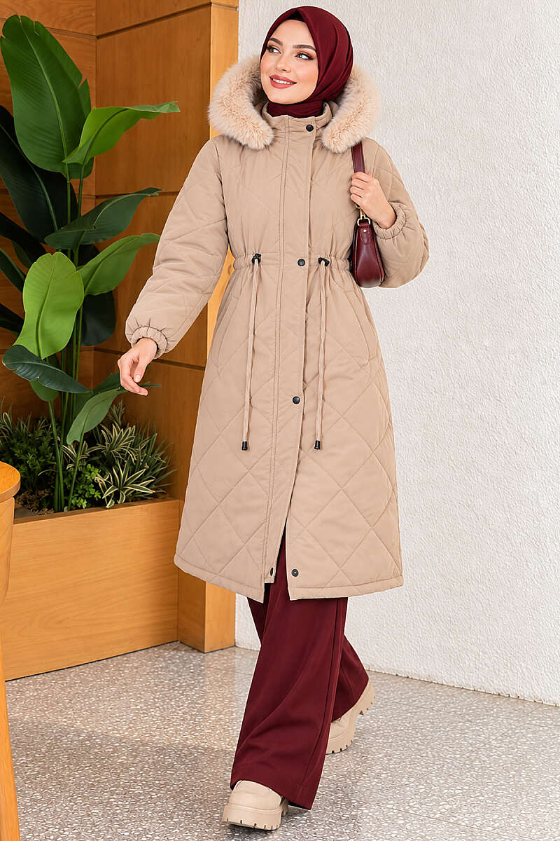 Quilted Puffer Coat with Faux Fur and Drawstring Waist - Beige