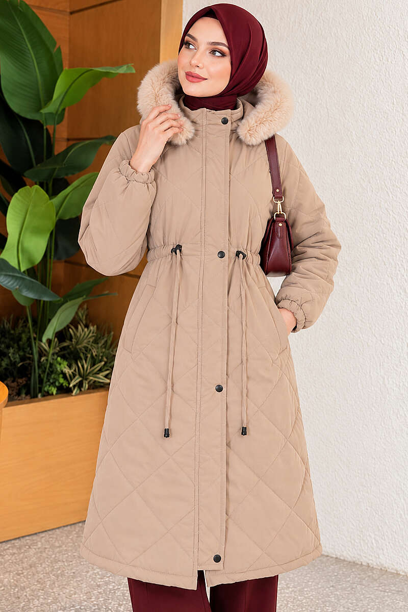 Quilted Puffer Coat with Faux Fur and Drawstring Waist - Beige