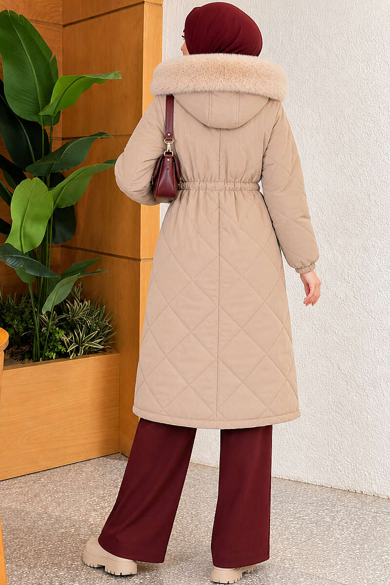 Quilted Puffer Coat with Faux Fur and Drawstring Waist - Beige