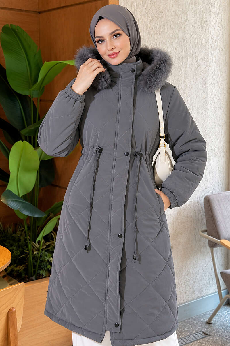 Quilted Puffer Coat with Faux Fur and Drawstring Waist - Smoke Grey